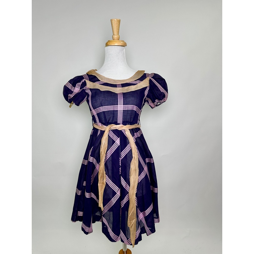 Vintage 1930s 40s Navy Pink Grid Puff Sleeve Dress with Sash Tie by Love NOS